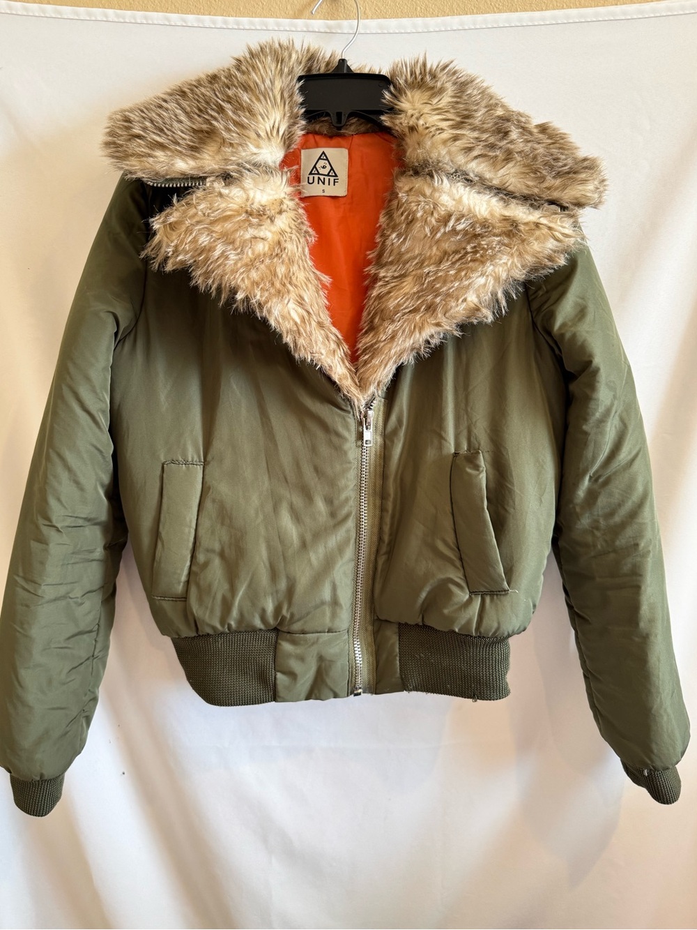 UNIF Olive Green Jacket with Faux Fur Collar and Orange Lining